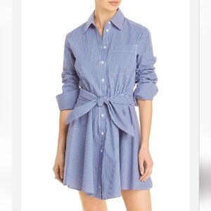 Lini Blue White Striped Shirt Dress Small Button Front Tie Waist Circle Skirt
